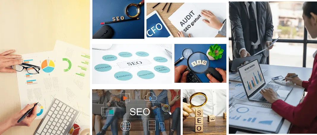Ensemble d'image montrant des ordinateurs et outils nécessaires à un audit SEO gratuit.