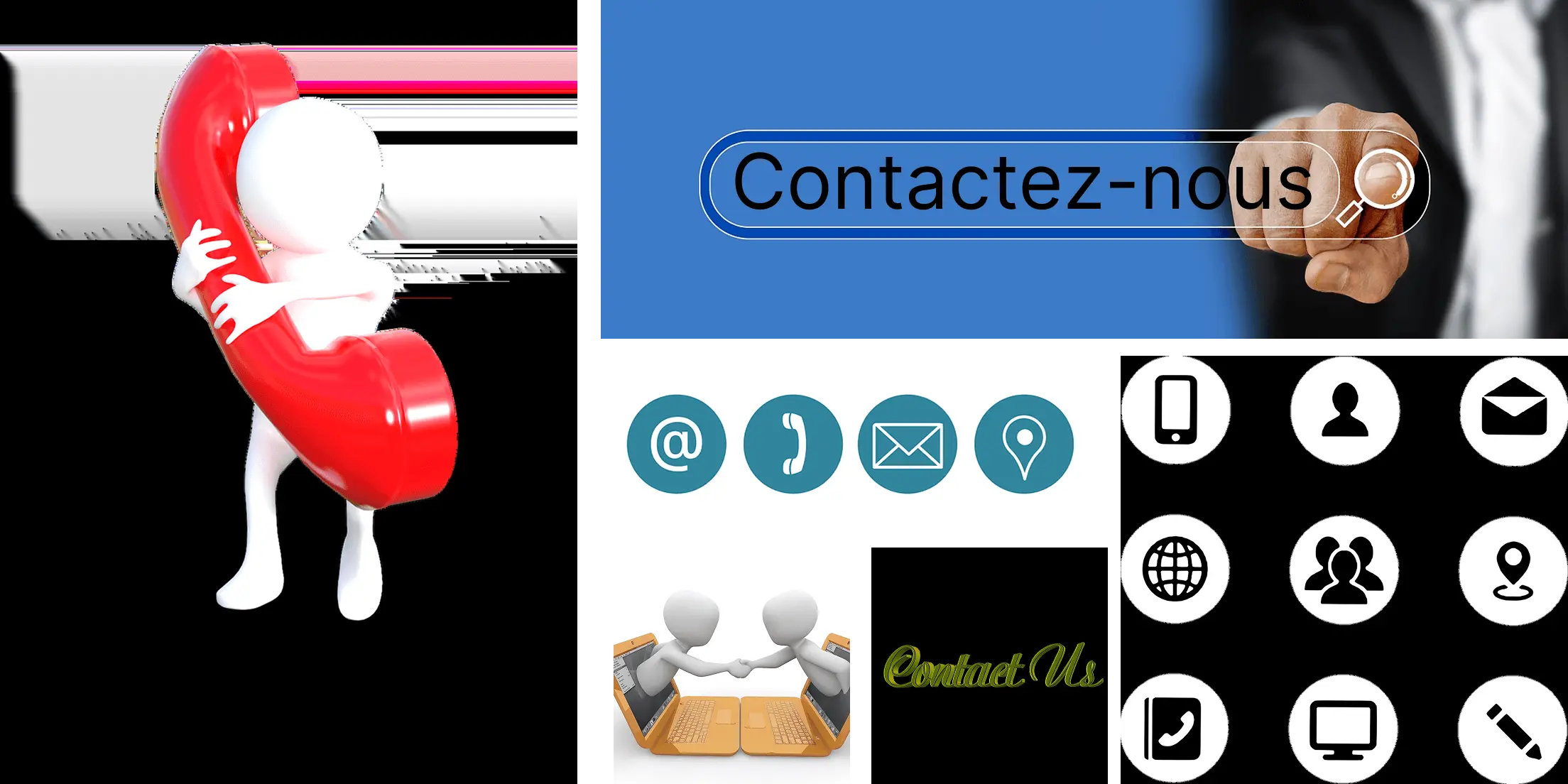 Regroupement des icônes de contact pour joindre les experts de l'agence Dine SEO.