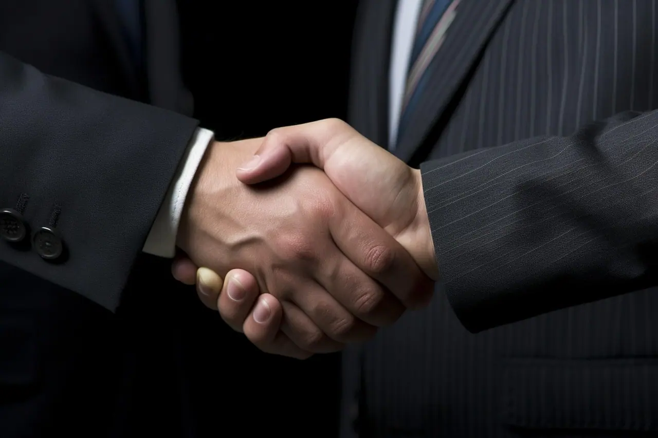 Gros plan d'une poignée de main entre l'agence Dine SEO et son client dans un bureau moderne, mettant l'accent sur le partenariat et l'accord.