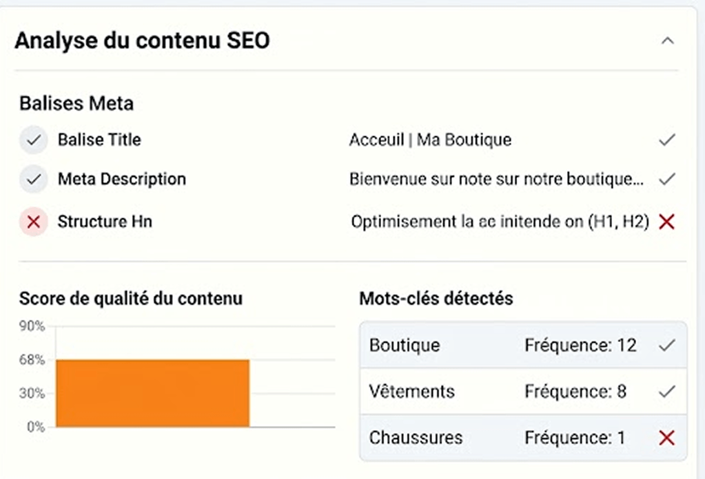 Interface d'analyse du contenu pour un audit SEO gratuit.