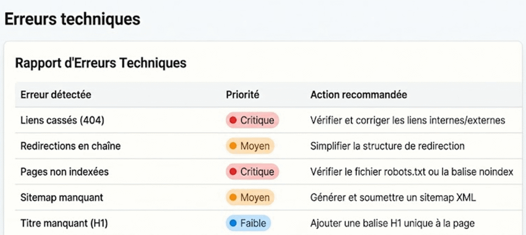 Rapport d'erreurs techniques pour un audit SEO gratuit.
