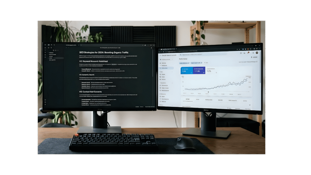 Texte rédigé et interface de Google search console qui montre la performance d'une page.